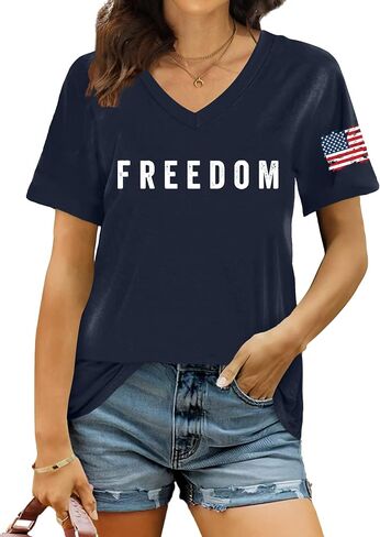 4th of July Shirts Women Freedom Letter Print T-Shirt American Flag Shirts Patriotic V Neck Short Sleeve Tee Tops in Saudi Arabia