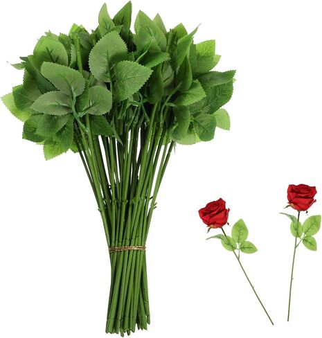 50 Pcs 13'' Floral Wire Stem with Leaves Rose-Stems with-Leaf Artificial Plastic-Rose-Floral-Wire Stems for Arrangement, DIY Craft Bouquet Making in Saudi Arabia