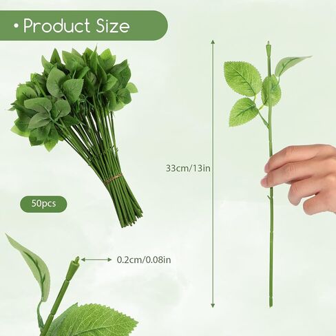 50 Pcs 13'' Floral Wire Stem with Leaves Rose-Stems with-Leaf Artificial Plastic-Rose-Floral-Wire Stems for Arrangement, DIY Craft Bouquet Making in Saudi Arabia