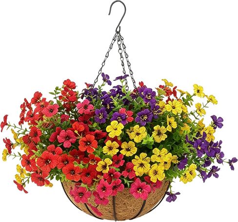 Artificial Outdoor Faux Fake Silk Realistic UV Resistant Hanging Planter Basket Potted Flowers Plants for Front Porch Patio Home Garden Spring Summer Decor in Saudi Arabia