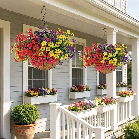 Artificial Outdoor Faux Fake Silk Realistic UV Resistant Hanging Planter Basket Potted Flowers Plants for Front Porch Patio Home Garden Spring Summer Decor in Saudi Arabia