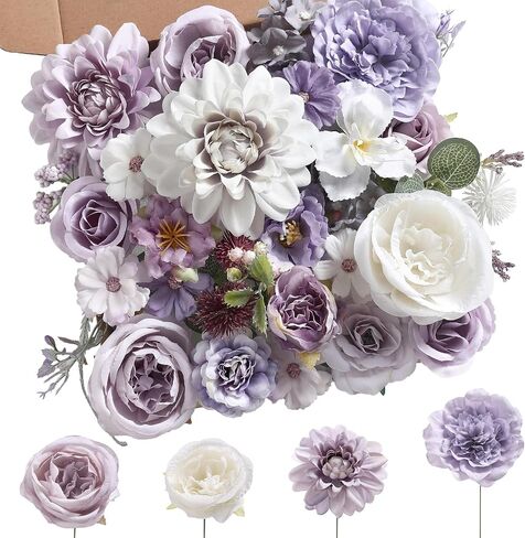 Serra Flora Purple Artificial Flower Combo for Vase, 25pcs Fake Roses with Stems for DIY Wedding Bridal Bouquets, Mixed Silk Dahlia and Rose Flowers for Floral Arrangements and Table Centerpieces in Saudi Arabia