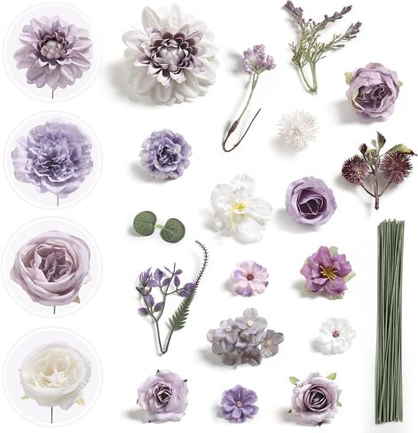 Serra Flora Purple Artificial Flower Combo for Vase, 25pcs Fake Roses with Stems for DIY Wedding Bridal Bouquets, Mixed Silk Dahlia and Rose Flowers for Floral Arrangements and Table Centerpieces in Saudi Arabia