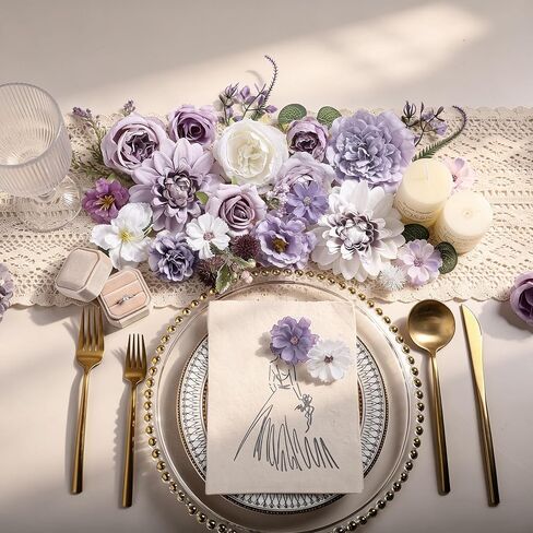 Serra Flora Purple Artificial Flower Combo for Vase, 25pcs Fake Roses with Stems for DIY Wedding Bridal Bouquets, Mixed Silk Dahlia and Rose Flowers for Floral Arrangements and Table Centerpieces in Saudi Arabia
