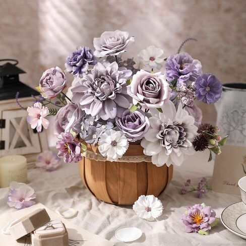 Serra Flora Purple Artificial Flower Combo for Vase, 25pcs Fake Roses with Stems for DIY Wedding Bridal Bouquets, Mixed Silk Dahlia and Rose Flowers for Floral Arrangements and Table Centerpieces in Saudi Arabia
