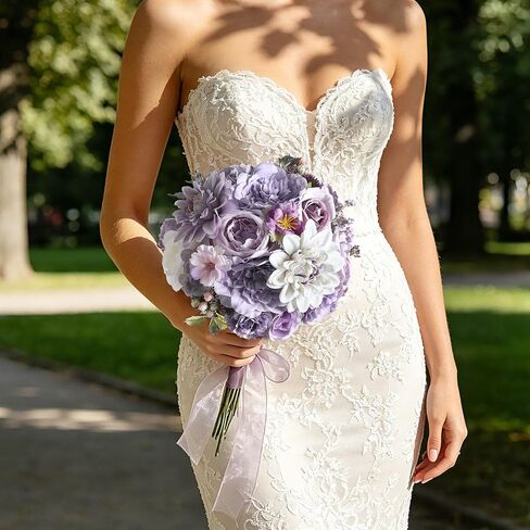 Serra Flora Purple Artificial Flower Combo for Vase, 25pcs Fake Roses with Stems for DIY Wedding Bridal Bouquets, Mixed Silk Dahlia and Rose Flowers for Floral Arrangements and Table Centerpieces in Saudi Arabia