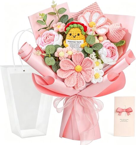 SHOHAYTO Crochet Flower Bouquet Handmade - Pink Knitted Flowers with Card, Realistic Tulips & Roses Gift for Women, Teacher Appreciation, Birthday, Graduation, Valentine's Day, Fall Decor in Saudi Arabia