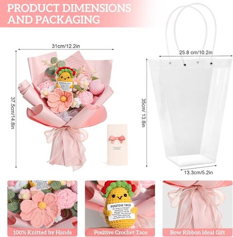 SHOHAYTO Crochet Flower Bouquet Handmade - Pink Knitted Flowers with Card, Realistic Tulips & Roses Gift for Women, Teacher Appreciation, Birthday, Graduation, Valentine's Day, Fall Decor in Saudi Arabia