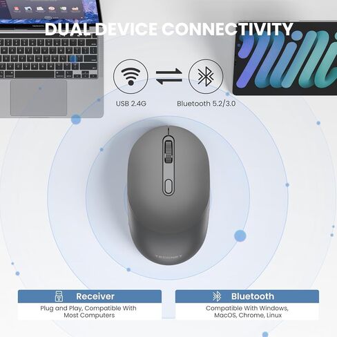 TECKNET Bluetooth Mouse, BT 5.2/3.0 and 2.4G Computer Mouse for Laptops, Small to Medium Size, Silent Click, 3-Level Adjustable DPI, 18-Month Battery, Compatible with Windows, MacOS and ChromeOS Black in Kuwait