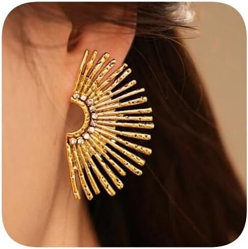 Statement Sunburst Stud Earrings, Retro Gold-Tone with Crystal Rhinestones, Hypoallergenic Drop Fashion Jewelry for Women in Saudi Arabia