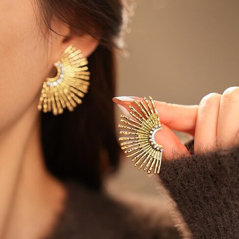 Statement Sunburst Stud Earrings, Retro Gold-Tone with Crystal Rhinestones, Hypoallergenic Drop Fashion Jewelry for Women in Saudi Arabia