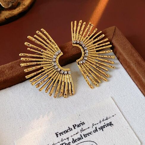 Statement Sunburst Stud Earrings, Retro Gold-Tone with Crystal Rhinestones, Hypoallergenic Drop Fashion Jewelry for Women in Saudi Arabia