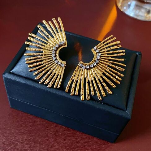 Statement Sunburst Stud Earrings, Retro Gold-Tone with Crystal Rhinestones, Hypoallergenic Drop Fashion Jewelry for Women in Saudi Arabia