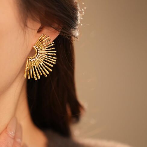 Statement Sunburst Stud Earrings, Retro Gold-Tone with Crystal Rhinestones, Hypoallergenic Drop Fashion Jewelry for Women in Saudi Arabia