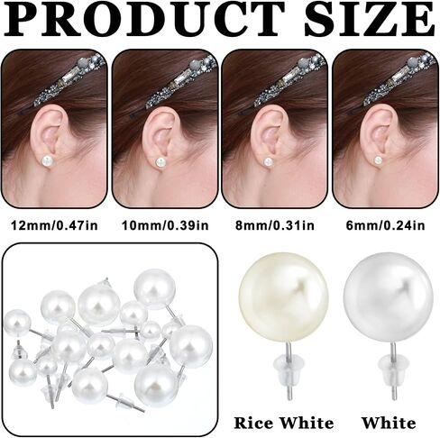24 Pairs Pearl Studs Earrings for Women, Simulated Pearl Earrings 4 Mixed Sizes Fake Pearls Earring Round Ball Pearls Stud Earring Set for Bridal Wedding Christmas Birthday (White, Rice White) in Saudi Arabia