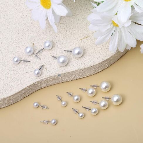 24 Pairs Pearl Studs Earrings for Women, Simulated Pearl Earrings 4 Mixed Sizes Fake Pearls Earring Round Ball Pearls Stud Earring Set for Bridal Wedding Christmas Birthday (White, Rice White) in Saudi Arabia
