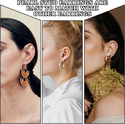 24 Pairs Pearl Studs Earrings for Women, Simulated Pearl Earrings 4 Mixed Sizes Fake Pearls Earring Round Ball Pearls Stud Earring Set for Bridal Wedding Christmas Birthday (White, Rice White) in Saudi Arabia