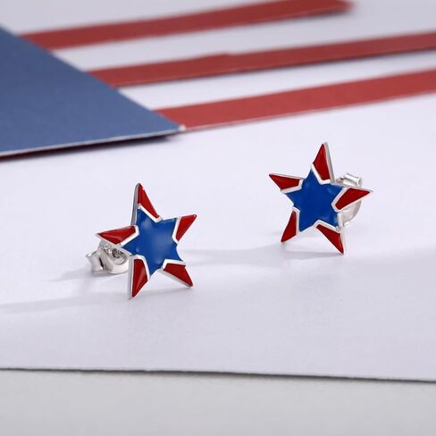American Flag Patriotic Earrings for Women 925 Sterling Silver - Red White And Blue 4th of July Earrings Independence Day Jewelry Gifts in Kuwait