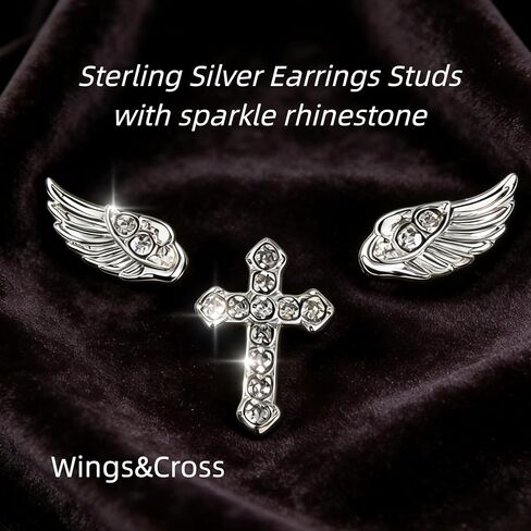 Sterling Silver Angel Wing & Cross Stud Earrings Set - Sparkly Rhinestone Helix Piercing Jewelry, Gothic Punk Cartilage Studs for Women Men Daily Wear in Saudi Arabia