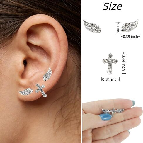 Sterling Silver Angel Wing & Cross Stud Earrings Set - Sparkly Rhinestone Helix Piercing Jewelry, Gothic Punk Cartilage Studs for Women Men Daily Wear in Saudi Arabia