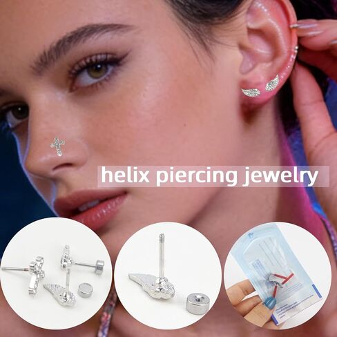 Sterling Silver Angel Wing & Cross Stud Earrings Set - Sparkly Rhinestone Helix Piercing Jewelry, Gothic Punk Cartilage Studs for Women Men Daily Wear in Saudi Arabia
