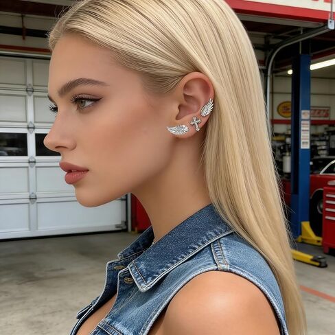 Sterling Silver Angel Wing & Cross Stud Earrings Set - Sparkly Rhinestone Helix Piercing Jewelry, Gothic Punk Cartilage Studs for Women Men Daily Wear in Saudi Arabia