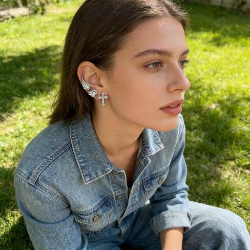 Sterling Silver Angel Wing & Cross Stud Earrings Set - Sparkly Rhinestone Helix Piercing Jewelry, Gothic Punk Cartilage Studs for Women Men Daily Wear in Saudi Arabia