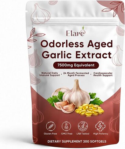 Elare Aged Garlic Extract - 300 Aged Odorless Garlic Extract Softgels, Vitalisse AJO Envejecido, 2-Year Matured, Heart & Immune Antioxidant Supplements, Vegetarian, Non-GMO, All-Natural, Gluten-Free in Saudi Arabia