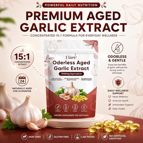 Elare Aged Garlic Extract - 300 Aged Odorless Garlic Extract Softgels, Vitalisse AJO Envejecido, 2-Year Matured, Heart & Immune Antioxidant Supplements, Vegetarian, Non-GMO, All-Natural, Gluten-Free in Saudi Arabia