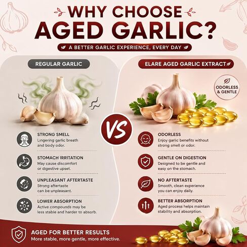 Elare Aged Garlic Extract - 300 Aged Odorless Garlic Extract Softgels, Vitalisse AJO Envejecido, 2-Year Matured, Heart & Immune Antioxidant Supplements, Vegetarian, Non-GMO, All-Natural, Gluten-Free in Saudi Arabia