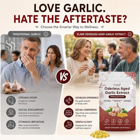 Elare Aged Garlic Extract - 300 Aged Odorless Garlic Extract Softgels, Vitalisse AJO Envejecido, 2-Year Matured, Heart & Immune Antioxidant Supplements, Vegetarian, Non-GMO, All-Natural, Gluten-Free in Saudi Arabia