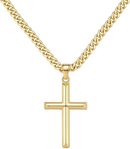NEARLAND Cross Necklace for Men Gold Cross Necklace for Men 14K Gold Mens Cross Necklaces Soft Angled Edges Paired with Cuban Chain Gold Crosses Pendant Chain Necklaces for Mens Crosses 20/22/24in in Saudi Arabia