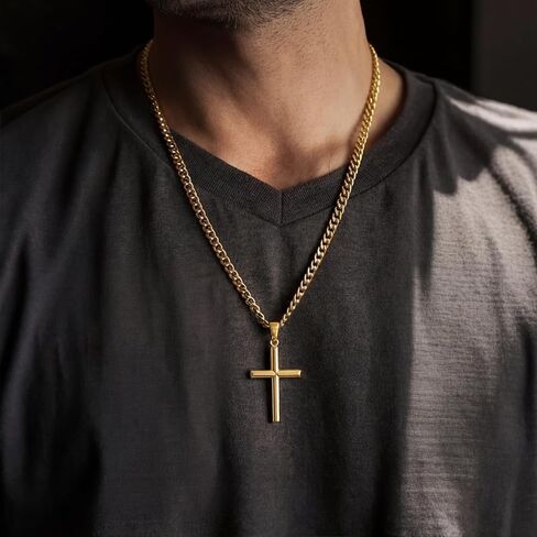 NEARLAND Cross Necklace for Men Gold Cross Necklace for Men 14K Gold Mens Cross Necklaces Soft Angled Edges Paired with Cuban Chain Gold Crosses Pendant Chain Necklaces for Mens Crosses 20/22/24in in Saudi Arabia