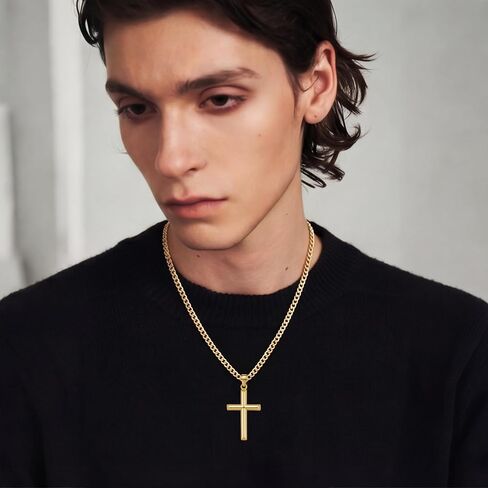 NEARLAND Cross Necklace for Men Gold Cross Necklace for Men 14K Gold Mens Cross Necklaces Soft Angled Edges Paired with Cuban Chain Gold Crosses Pendant Chain Necklaces for Mens Crosses 20/22/24in in Saudi Arabia