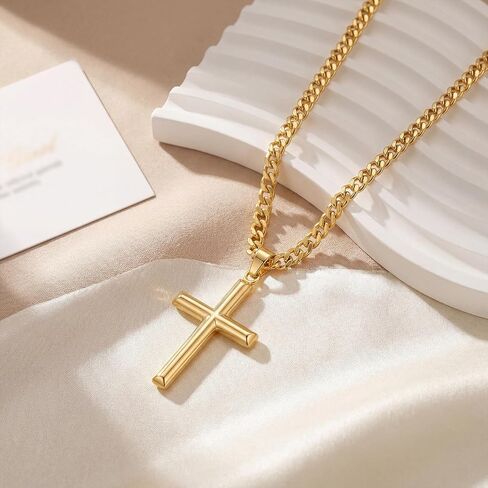 NEARLAND Cross Necklace for Men Gold Cross Necklace for Men 14K Gold Mens Cross Necklaces Soft Angled Edges Paired with Cuban Chain Gold Crosses Pendant Chain Necklaces for Mens Crosses 20/22/24in in Saudi Arabia