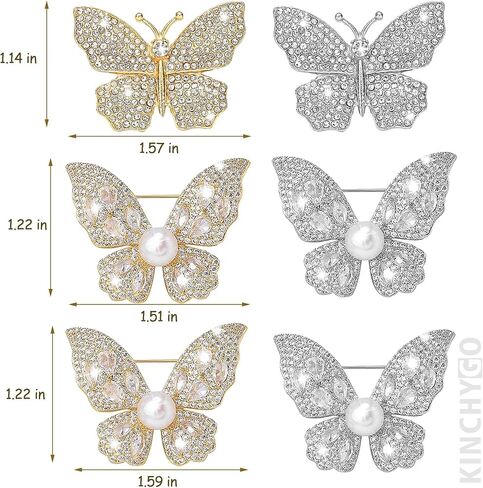 6 Pack 3 Styles Rhinestone Butterfly Brooches for Dress Accessories in Saudi Arabia