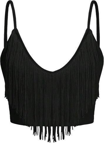WDIRARA Women's Fringe Trim Camisole Tops Tassel V Neck Sleeveless Cami Country Concert Crop Tops in Kuwait