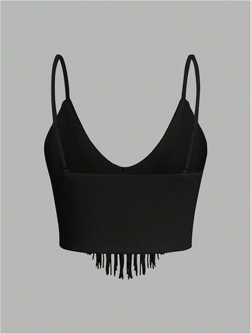 WDIRARA Women's Fringe Trim Camisole Tops Tassel V Neck Sleeveless Cami Country Concert Crop Tops in Kuwait
