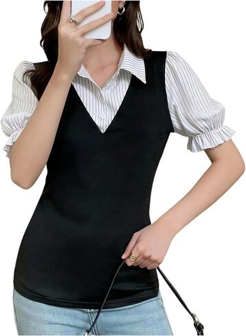 Women's Elegant Striped Puff Sleeve Work T Shirts Collared Color Block 2 in 1 Tops Business Casual Outfits in Kuwait