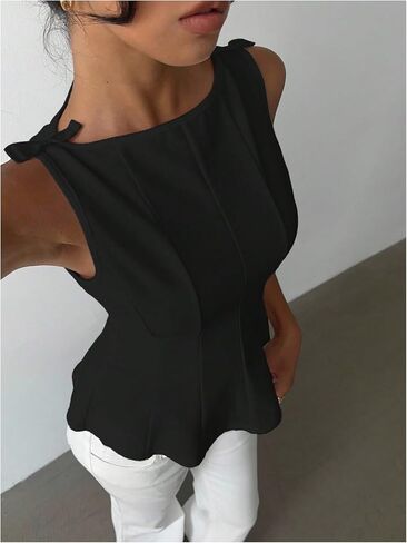 Women's Elegant Bow Peplum Tops Summer Boat Neck Sleeveless Dressy Casual Work Tank Top in Kuwait
