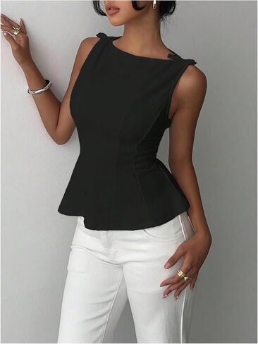 Women's Elegant Bow Peplum Tops Summer Boat Neck Sleeveless Dressy Casual Work Tank Top in Kuwait