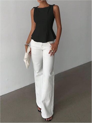 Women's Elegant Bow Peplum Tops Summer Boat Neck Sleeveless Dressy Casual Work Tank Top in Kuwait