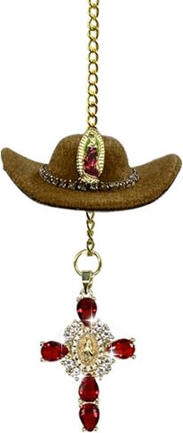 Western Cowboy Hat Car Hanging Ornament with Cross, Cowgirl Car Rear View Mirror Charm, Cute Handmade Country Hat Pendent, Universal Automotive Interior Accessories for Women Girls (Coffee) in Kuwait
