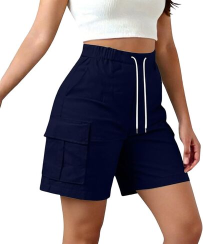 Womens Bermuda Shorts Drawstring Elastic Waist Loose Fit Cargo Shorts Outdoor Multi-Pockets Hiking Pants with Pockets in Kuwait