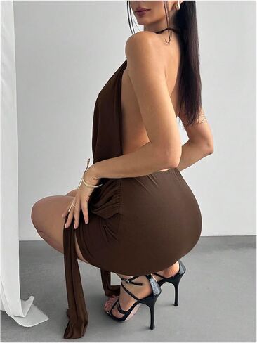SOLY HUX Women's Sexy Open Back Halter Mini Dress Deep V Neck Draped Sleeveless Backless Party Club Going Out Dresses in Kuwait