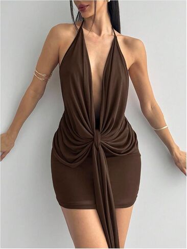 SOLY HUX Women's Sexy Open Back Halter Mini Dress Deep V Neck Draped Sleeveless Backless Party Club Going Out Dresses in Kuwait