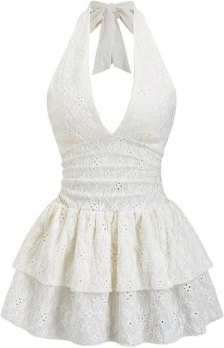 BEAUDRM Women's Y2K Lace Halter Mini Dress Tie Backless Ruched Layered Ruffle A Line Going Out Short Cake Dresses in Kuwait