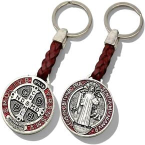 2pcs St. Benedict Medal Keychain, Braided Brown Leather, Antique Silver Finish, Religious Protection Charm with San Benito Cross in Saudi Arabia