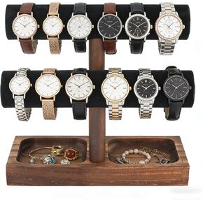 Watch Holder, 2 Layer Wooden Watch Stand for Men, Jewelry Display Stand, Watch Rack Organizer with Velvet Cushion, Bracelet Holder for Nightstand, Brown in Saudi Arabia