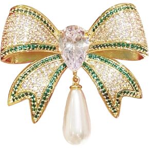 Vintage Pearl Rhinestone Bow Brooch for Women Sparkly Crystal Bowknot Lapel Pin Wedding Party Christmas Jewelry in Kuwait
